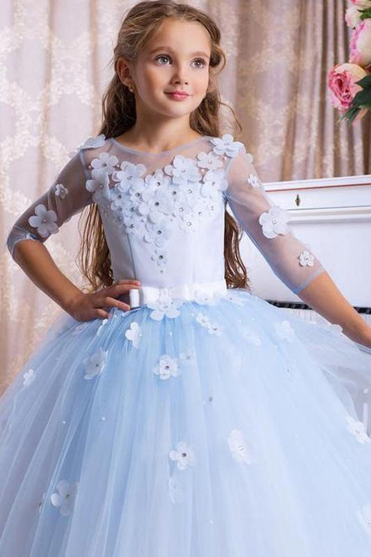 Light Blue Ball Gown Flower Girls Dress with Scoop Neck 3/4 Sleeves