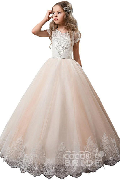 Light Pink Short Sleeve Scoop Neck Ball Gown Flower Girls Dress