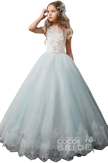 Light Pink Short Sleeve Scoop Neck Ball Gown Flower Girls Dress