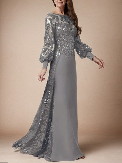 Tight V-back sequin captain sleeve chiffon and ground length style Mother of the Bride Dresses