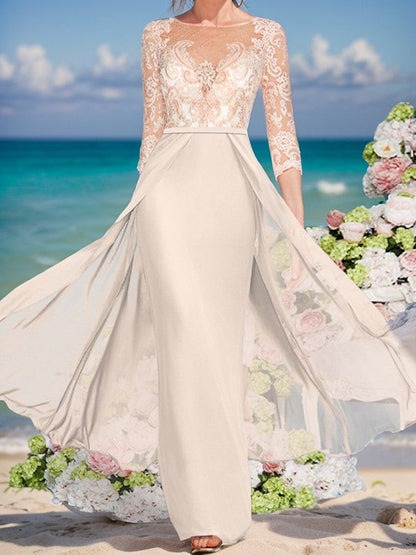 Sheath/Column Buckle Applique Boat Shaped 3/4 Sleeves Satin Chiffon and Floor Length Mother of the Bride Dresses