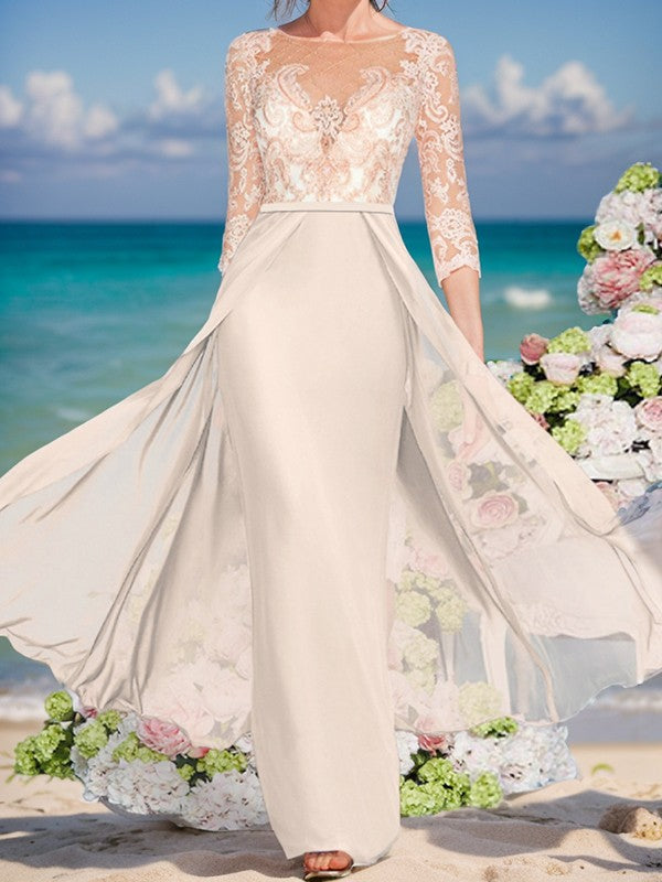 Sheath/Column Buckle Applique Boat Shaped 3/4 Sleeves Satin Chiffon and Floor Length Mother of the Bride Dresses