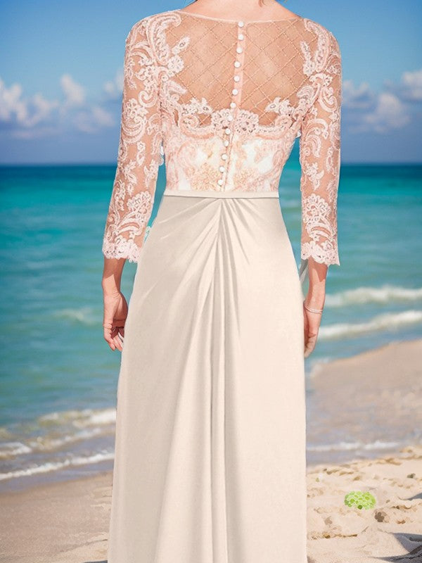 Sheath/Column Buckle Applique Boat Shaped 3/4 Sleeves Satin Chiffon and Floor Length Mother of the Bride Dresses