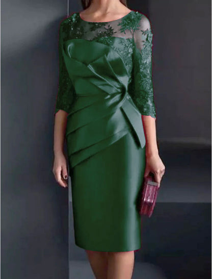 Sheath / Column Mother of the Bride Dress Wedding Guest Elegant Illusion Neck Knee Length Satin Lace 3/4 Length Sleeve with Appliques Ruching