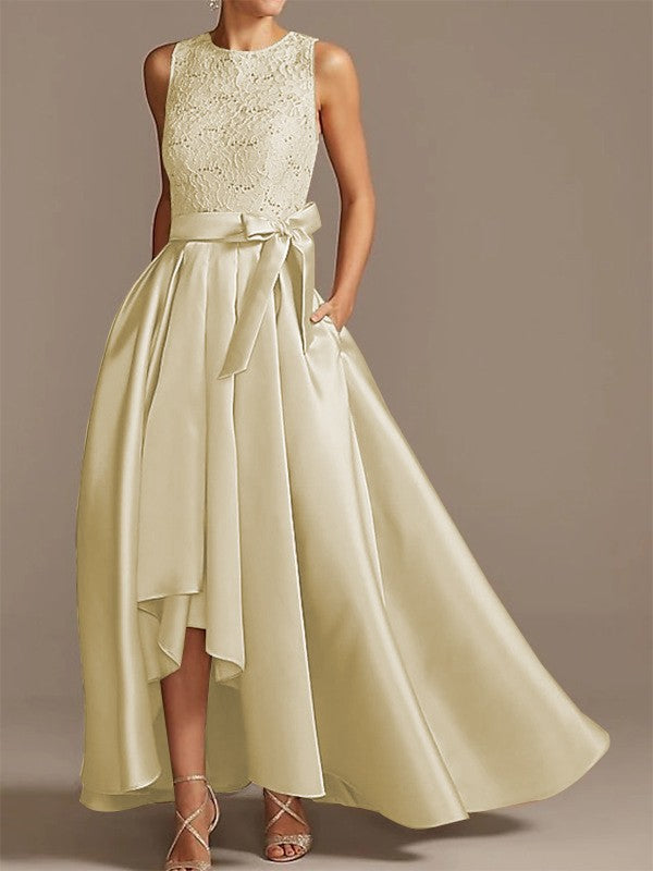 Noble A-shaped Princess Satin Belt, Ribbon Belt Applique Low Round Sleeveless Asymmetric Bride Mother of the Bride Dresses