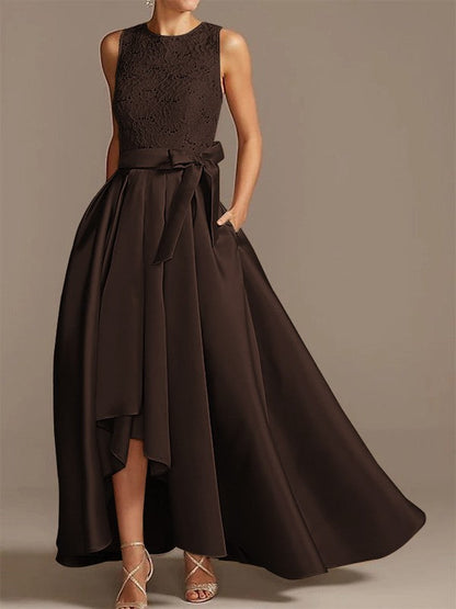 Noble A-shaped Princess Satin Belt, Ribbon Belt Applique Low Round Sleeveless Asymmetric Bride Mother of the Bride Dresses