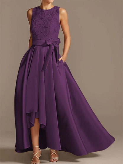 Noble A-shaped Princess Satin Belt, Ribbon Belt Applique Low Round Sleeveless Asymmetric Bride Mother of the Bride Dresses