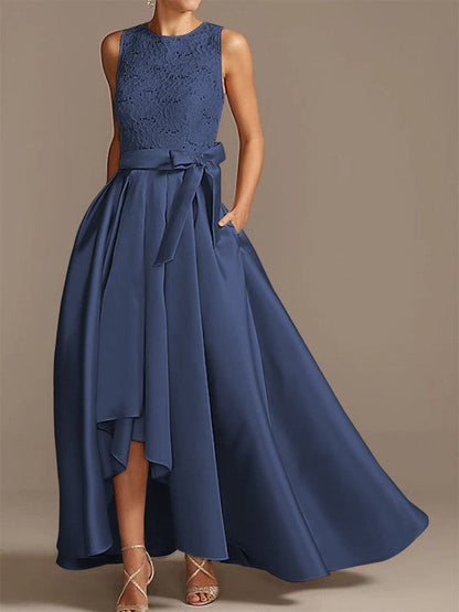 Noble A-shaped Princess Satin Belt, Ribbon Belt Applique Low Round Sleeveless Asymmetric Bride Mother of the Bride Dresses