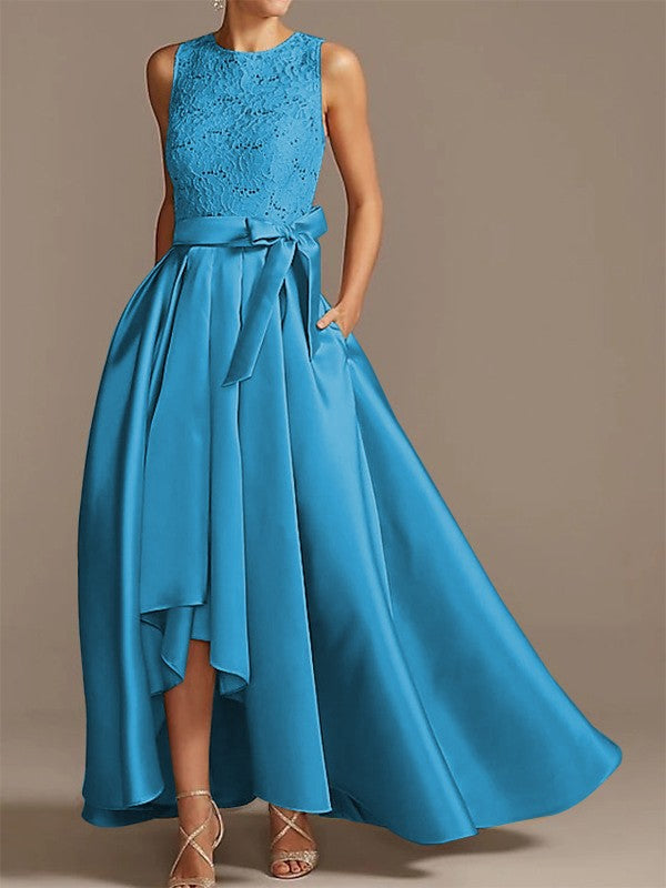 Noble A-shaped Princess Satin Belt, Ribbon Belt Applique Low Round Sleeveless Asymmetric Bride Mother of the Bride Dresses