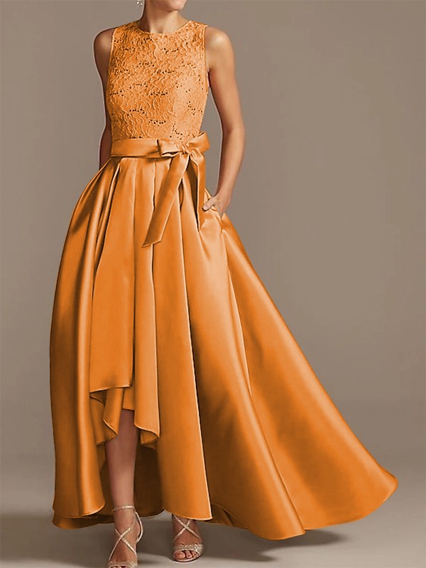 Noble A-shaped Princess Satin Belt, Ribbon Belt Applique Low Round Sleeveless Asymmetric Bride Mother of the Bride Dresses