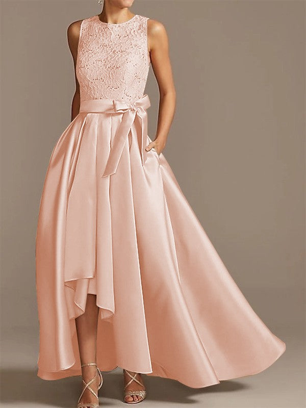 Noble A-shaped Princess Satin Belt, Ribbon Belt Applique Low Round Sleeveless Asymmetric Bride Mother of the Bride Dresses