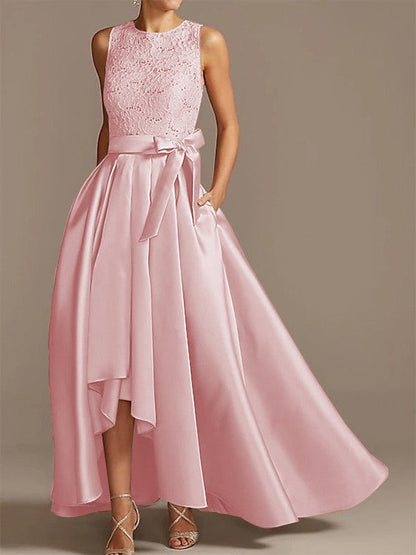 Noble A-shaped Princess Satin Belt, Ribbon Belt Applique Low Round Sleeveless Asymmetric Bride Mother of the Bride Dresses