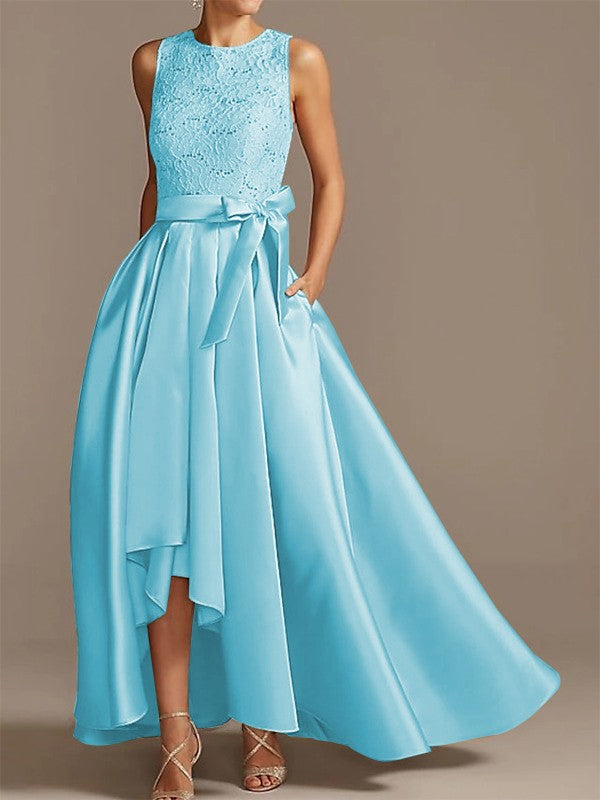 Noble A-shaped Princess Satin Belt, Ribbon Belt Applique Low Round Sleeveless Asymmetric Bride Mother of the Bride Dresses