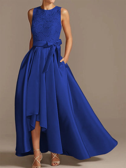 Noble A-shaped Princess Satin Belt, Ribbon Belt Applique Low Round Sleeveless Asymmetric Bride Mother of the Bride Dresses