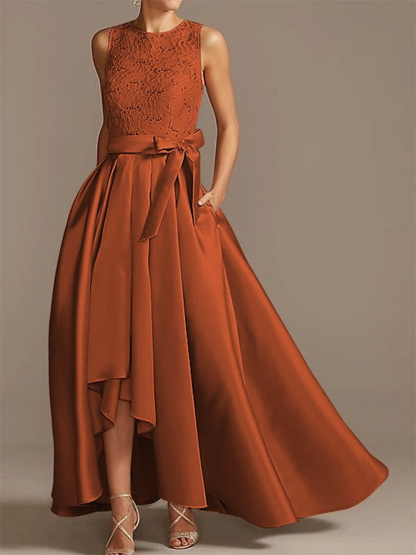 Noble A-shaped Princess Satin Belt, Ribbon Belt Applique Low Round Sleeveless Asymmetric Bride Mother of the Bride Dresses