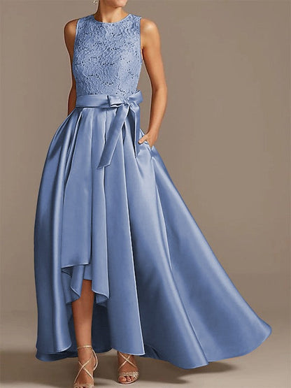 Noble A-shaped Princess Satin Belt, Ribbon Belt Applique Low Round Sleeveless Asymmetric Bride Mother of the Bride Dresses