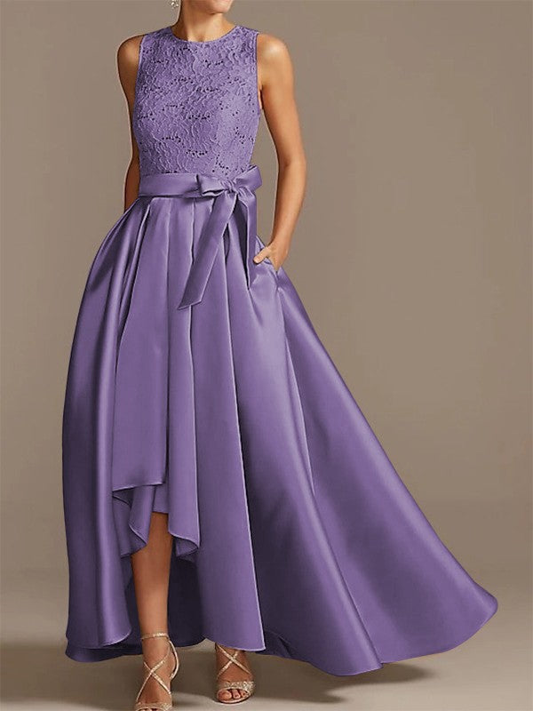 Noble A-shaped Princess Satin Belt, Ribbon Belt Applique Low Round Sleeveless Asymmetric Bride Mother of the Bride Dresses
