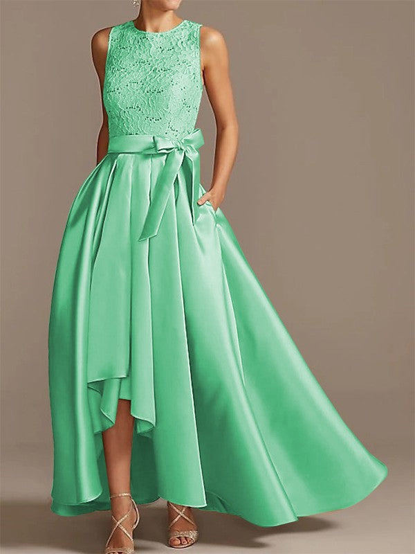 Noble A-shaped Princess Satin Belt, Ribbon Belt Applique Low Round Sleeveless Asymmetric Bride Mother of the Bride Dresses