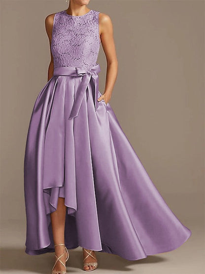 Noble A-shaped Princess Satin Belt, Ribbon Belt Applique Low Round Sleeveless Asymmetric Bride Mother of the Bride Dresses