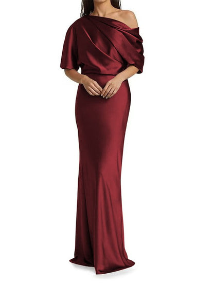 Elegant and tight fitting column shaped  woven satin pleats on one shoulder 1/2 sleeves and floor length bridal Mother of the Bride Dresses
