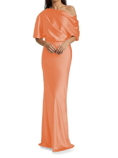 Elegant and tight fitting column shaped  woven satin pleats on one shoulder 1/2 sleeves and floor length bridal Mother of the Bride Dresses