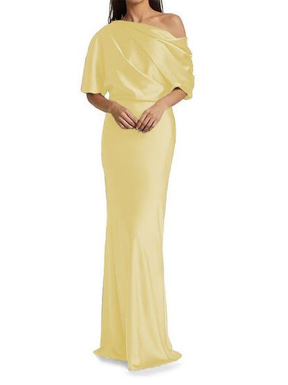 Elegant and tight fitting column shaped  woven satin pleats on one shoulder 1/2 sleeves and floor length bridal Mother of the Bride Dresses
