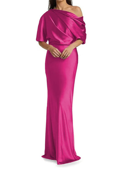 Elegant and tight fitting column shaped  woven satin pleats on one shoulder 1/2 sleeves and floor length bridal Mother of the Bride Dresses
