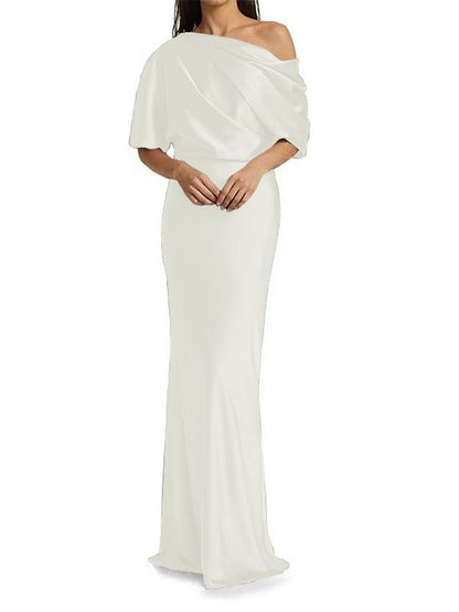 Elegant and tight fitting column shaped  woven satin pleats on one shoulder 1/2 sleeves and floor length bridal Mother of the Bride Dresses