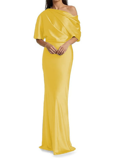 Elegant and tight fitting column shaped  woven satin pleats on one shoulder 1/2 sleeves and floor length bridal Mother of the Bride Dresses