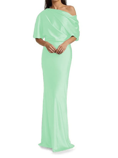 Elegant and tight fitting column shaped  woven satin pleats on one shoulder 1/2 sleeves and floor length bridal Mother of the Bride Dresses
