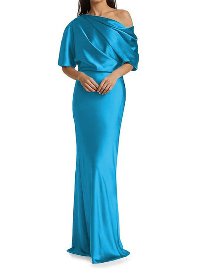 Elegant and tight fitting column shaped  woven satin pleats on one shoulder 1/2 sleeves and floor length bridal Mother of the Bride Dresses