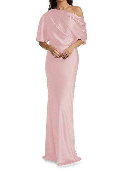 Elegant and tight fitting column shaped  woven satin pleats on one shoulder 1/2 sleeves and floor length bridal Mother of the Bride Dresses