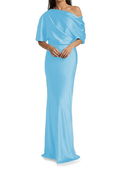 Elegant and tight fitting column shaped  woven satin pleats on one shoulder 1/2 sleeves and floor length bridal Mother of the Bride Dresses