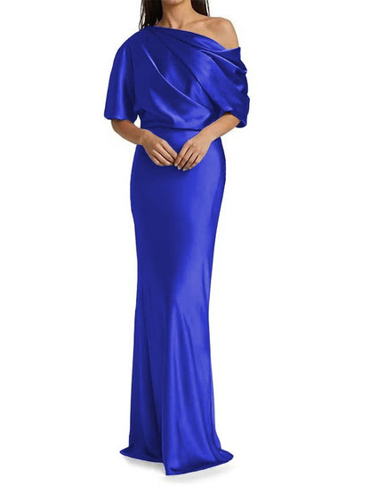 Elegant and tight fitting column shaped  woven satin pleats on one shoulder 1/2 sleeves and floor length bridal Mother of the Bride Dresses