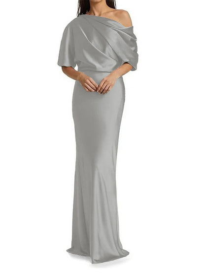 Elegant and tight fitting column shaped  woven satin pleats on one shoulder 1/2 sleeves and floor length bridal Mother of the Bride Dresses