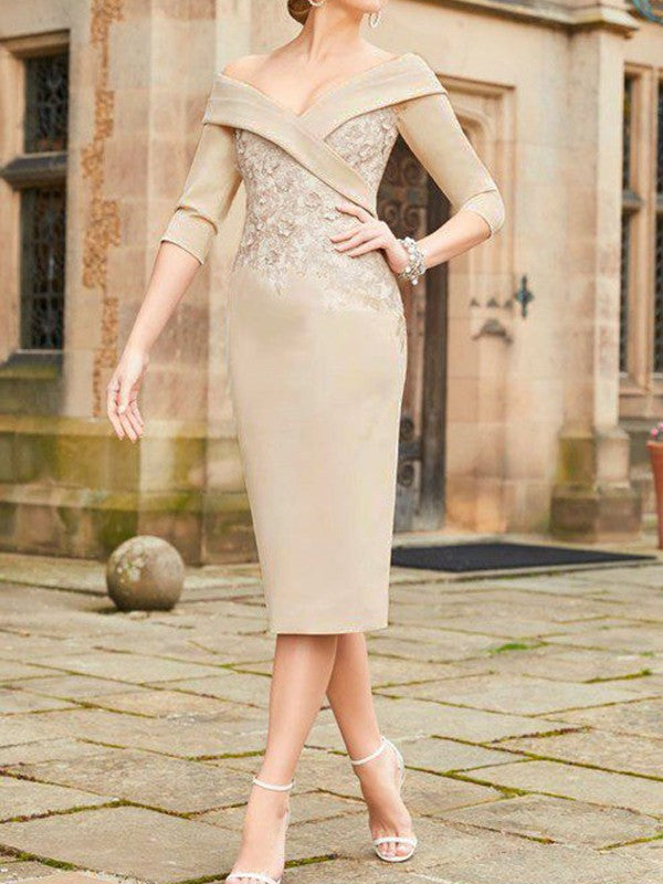 Tight fit/straight tube  lace patch flower exposed shoulder long bridal mother dress