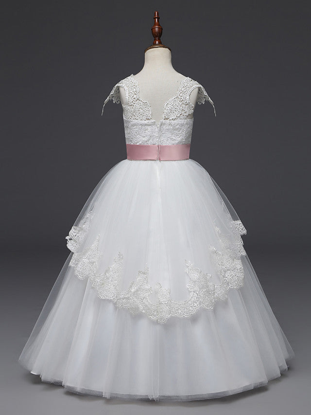 Long Length Cap Sleeve Scoop Neck Flower Girl Dresses with Lace Tulle Belt and Appliques