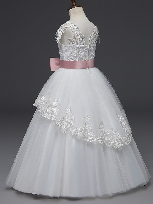 Long Length Cap Sleeve Scoop Neck Flower Girl Dresses with Lace Tulle Belt and Appliques