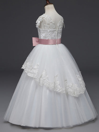 Long Length Cap Sleeve Scoop Neck Flower Girl Dresses with Lace Tulle Belt and Appliques