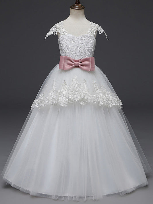 Long Length Cap Sleeve Scoop Neck Flower Girl Dresses with Lace Tulle Belt and Appliques