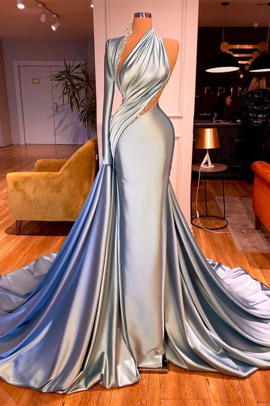 Long Mermaid One Shoulder Satin Evening Prom Dress with Sleeves
