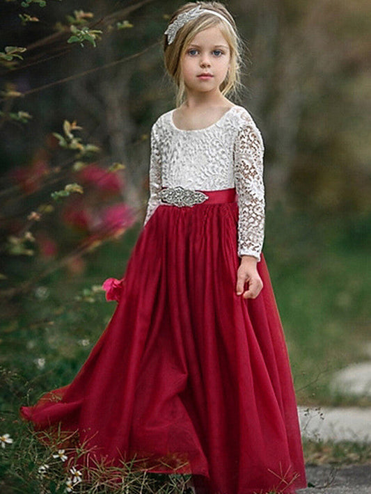 Long Sleeve A-Line Flower Girl Dress with Lace Sash and Pleats