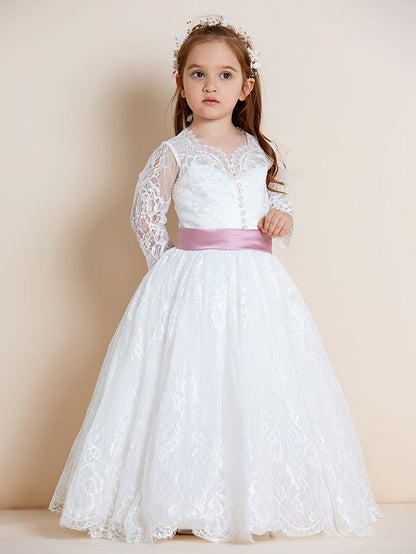 Long Sleeve V Neck Ball Gown with Lace Tulle Ribbon Bow and Lace Sash for Flower Girl Dress
