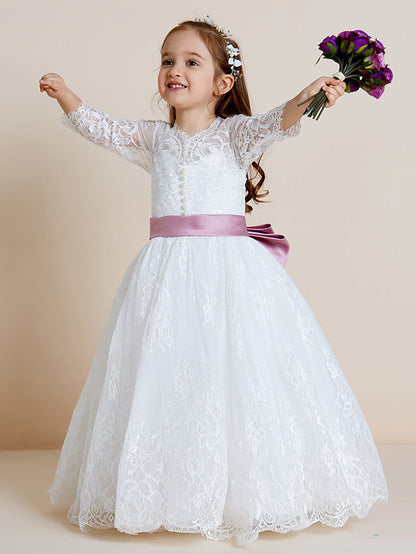Long Sleeve V Neck Ball Gown with Lace Tulle Ribbon Bow and Lace Sash for Flower Girl Dress