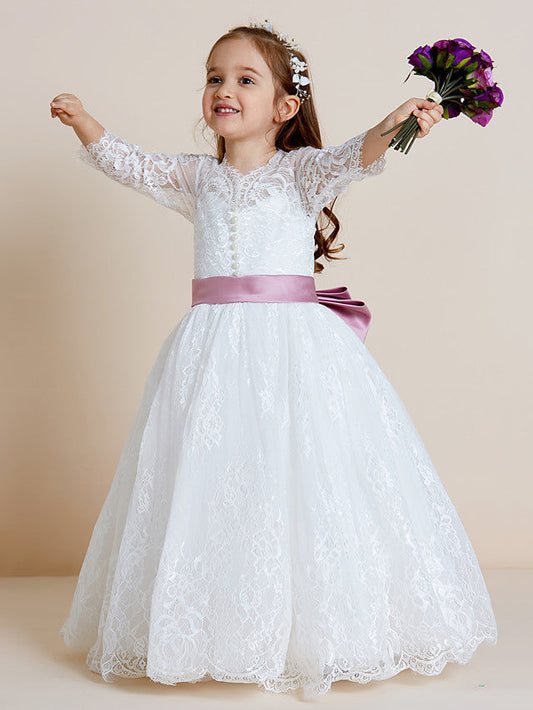 Long Sleeve V Neck Ball Gown with Lace Tulle Ribbon Bow and Lace Sash for Flower Girl Dress