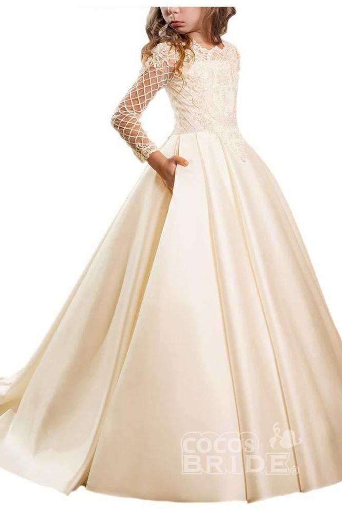 Long Sleeves Ball Gown Dress with Lace Buttons for White Scoop Neck Flower Girls