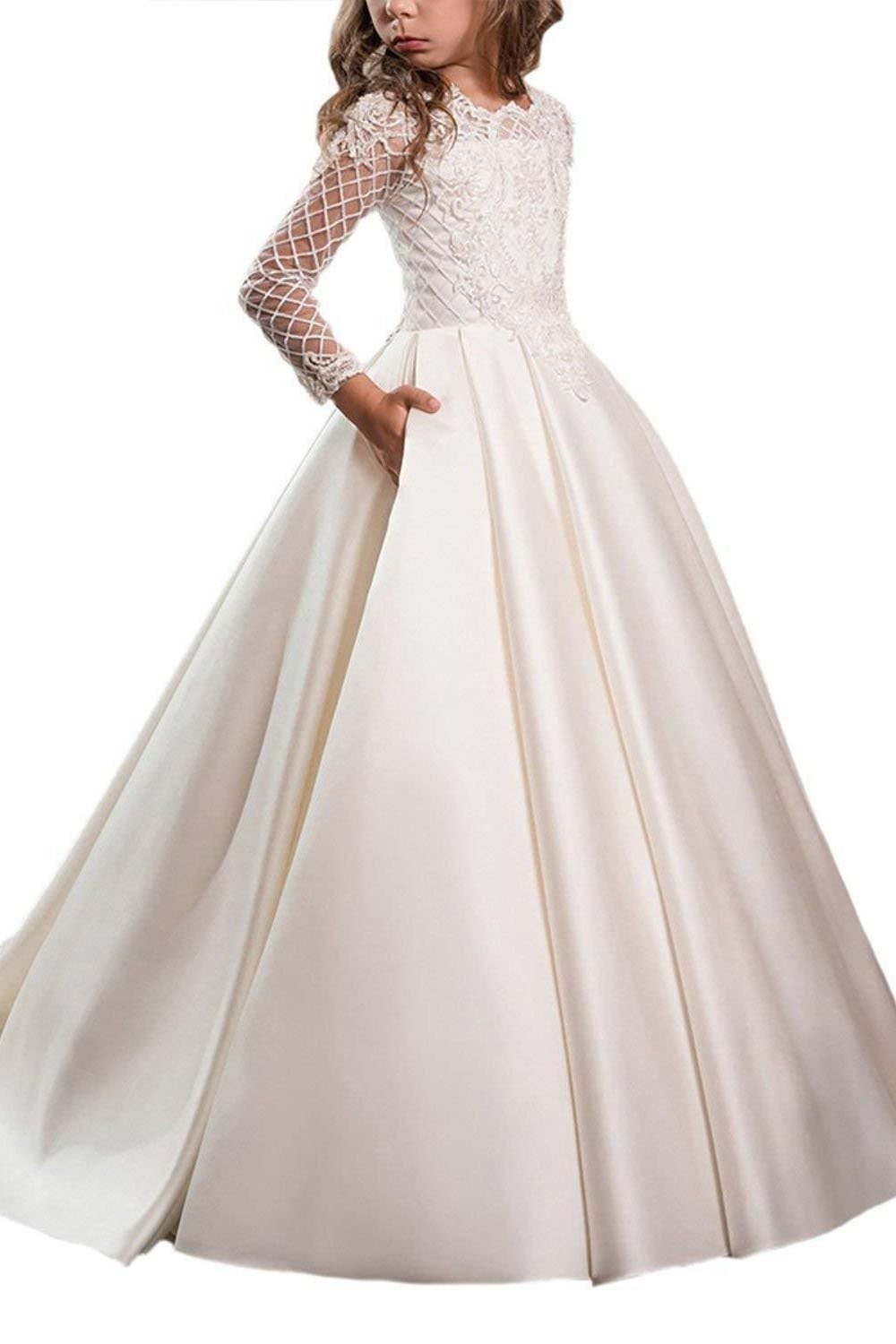 Long Sleeves Ball Gown Dress with Lace Buttons for White Scoop Neck Flower Girls