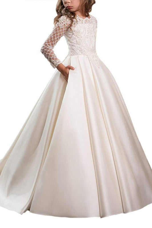 Long Sleeves Ball Gown Dress with Lace Buttons for White Scoop Neck Flower Girls