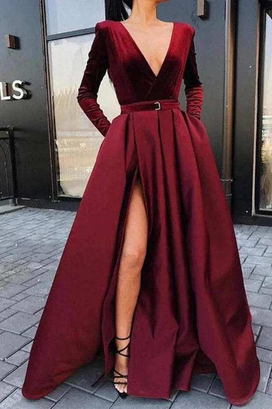 Long Sleeves Burgundy V-Neck Evening Dress With Split