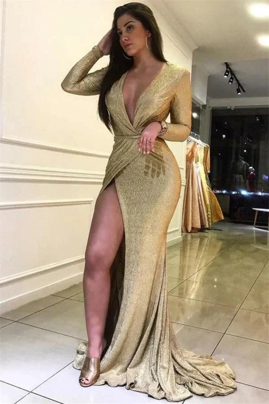 Long Sleeves Deep V-Neck Evening Party Dress With Slit